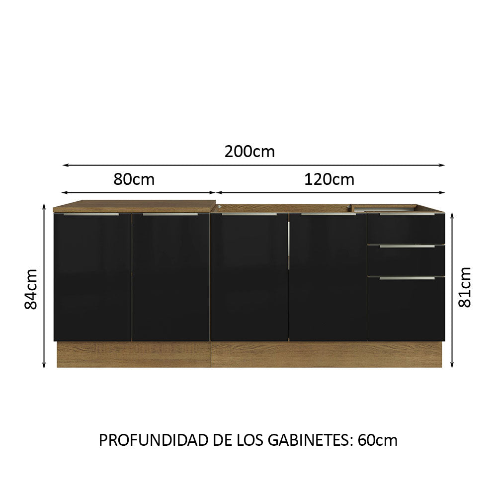 Kit 2 Gabinetes Bajos de Cocina 200 cm Sin Encimera Marrón/Negro Lux Madesa