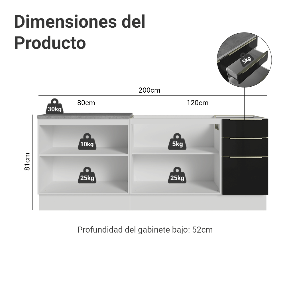 Cocina Integral 200 cm Blanco/Negro Lux Madesa 05