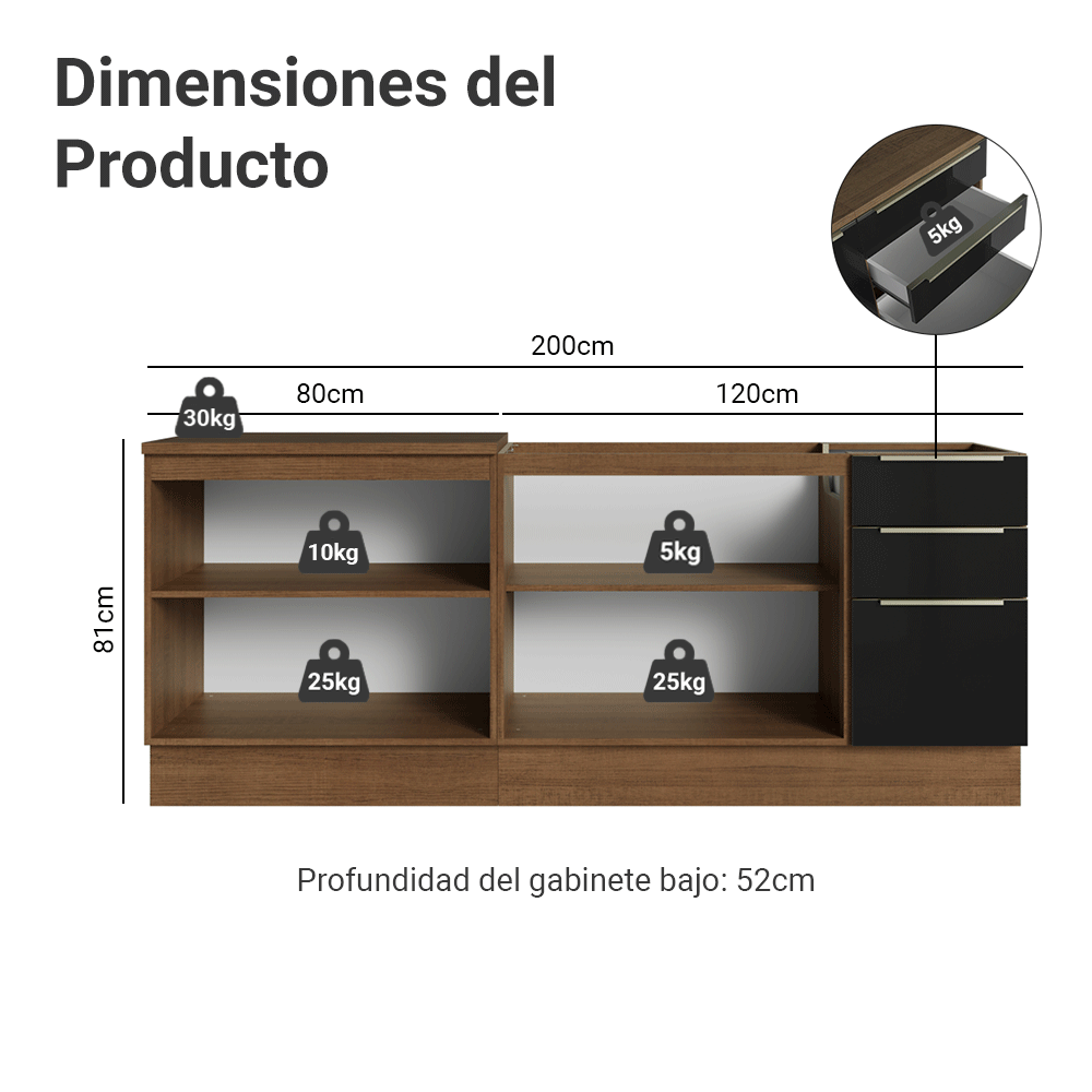 Cocina Integral 200 cm Marrón/Negro Lux Madesa 05