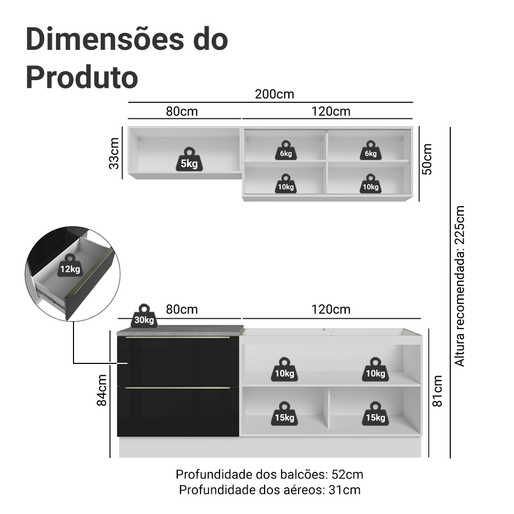 Cocina Integral 200 cm Blanco/Negro Lux Madesa 07