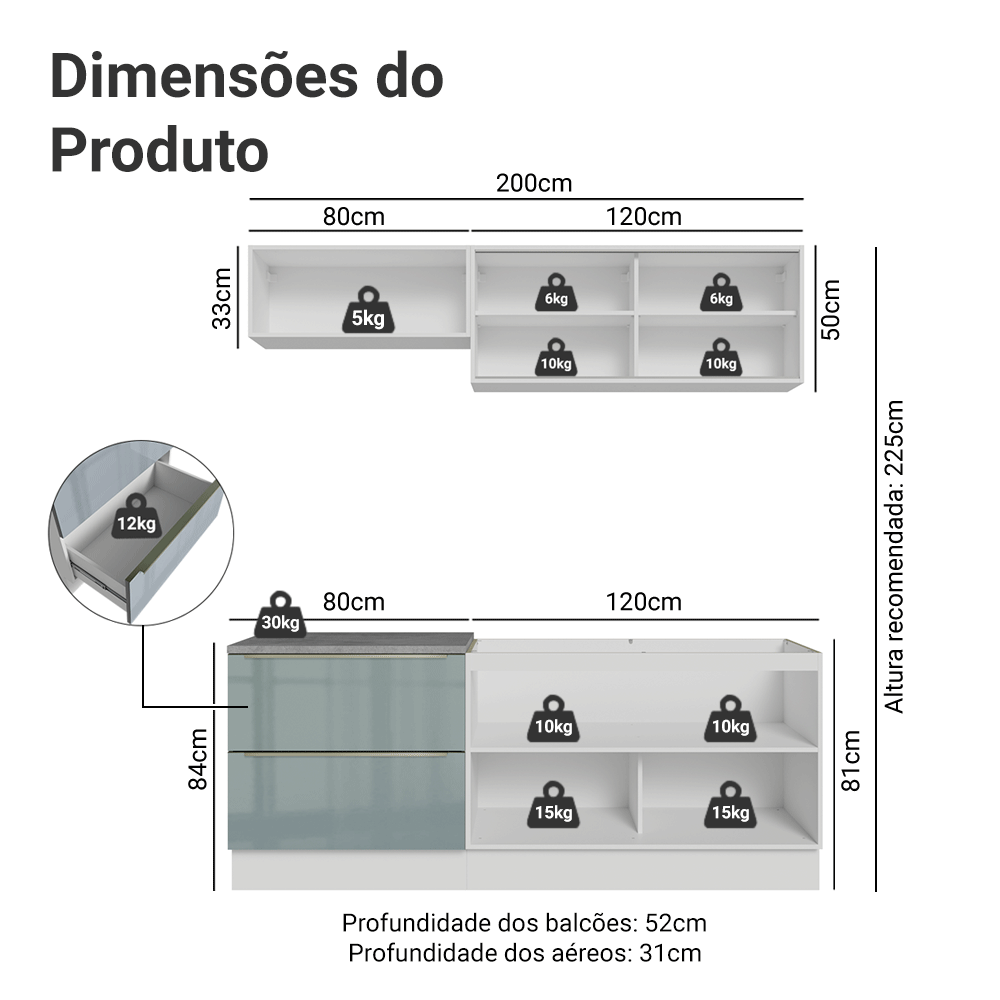 Cocina Integral 200 cm Blanco/Gris Lux Madesa 07