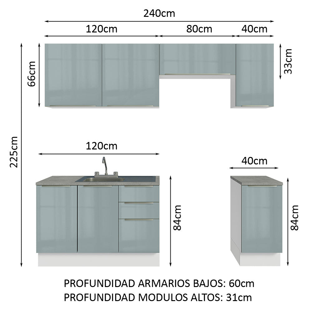 Cocina Integral con Accesorios 240cm Lux Blanco/Gris