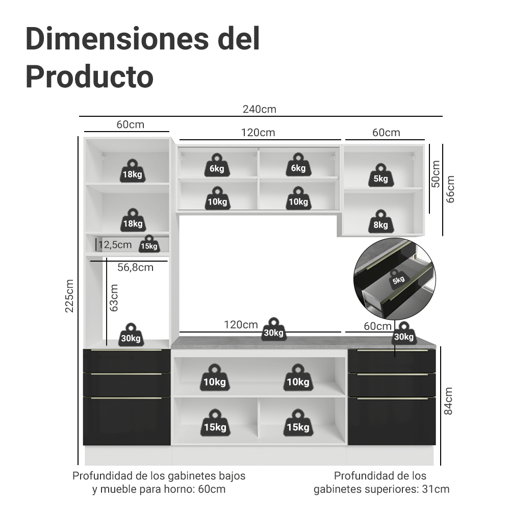 Cocina Integral 240cm Blanco/Negro Lux 08