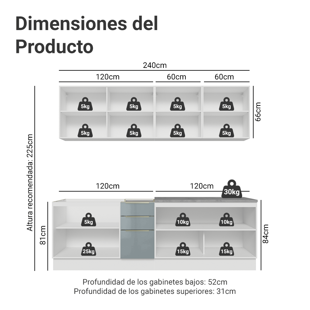 Cocina Integral 240 cm Blanco/Gris Lux Madesa 09