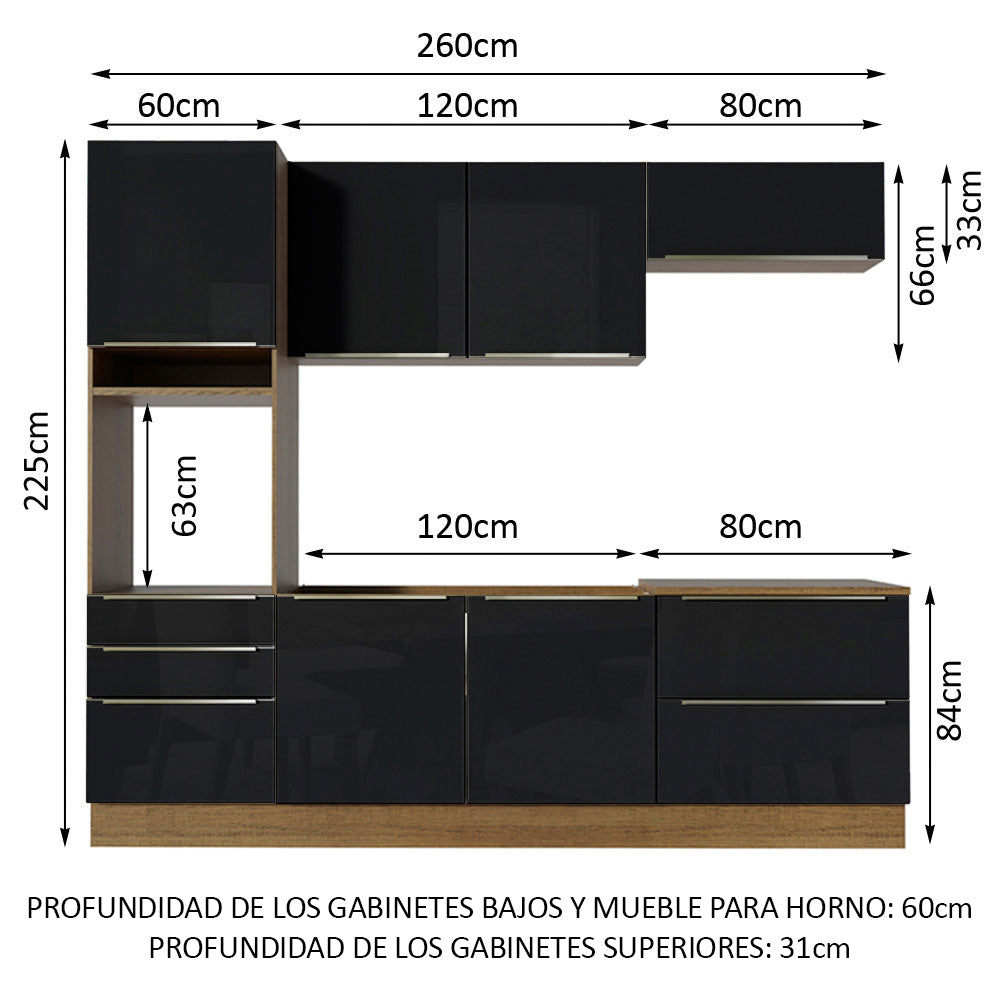 Cocina Integral 260 x 60 cm 6 Puertas 5 Cajones Con Mueble para Horno Marrón/Negro Lux Madesa