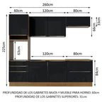 Cocina Integral 260 x 60 cm 6 Puertas 5 Cajones Con Mueble para Horno Marrón/Negro Lux Madesa