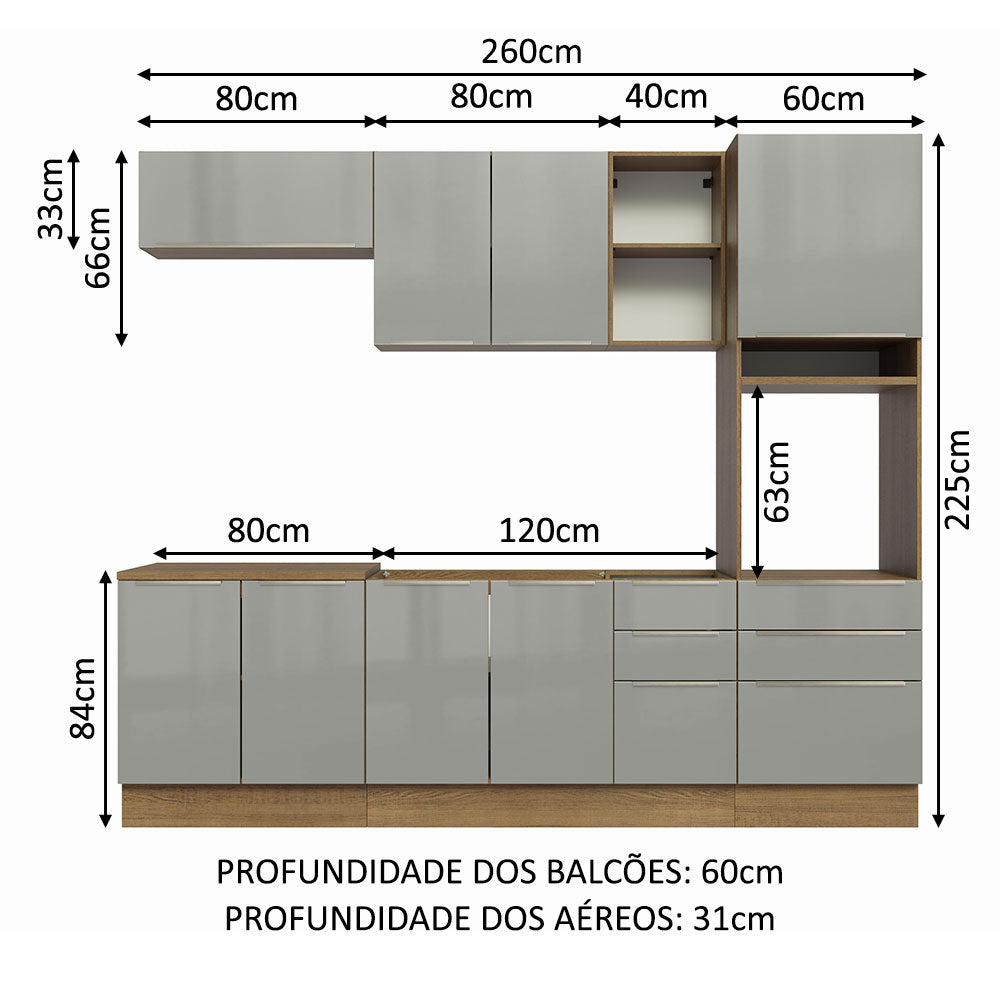 Cocina Integral 260cm Marrón/Gris Lux Madesa 08