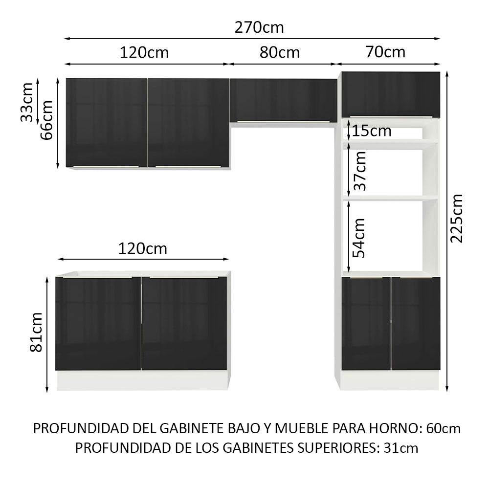 Cocina Integral 270 x 60 cm Con Mueble para Horno Blanco/Negro Lux Madesa