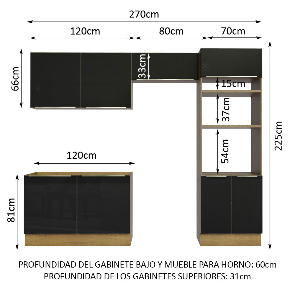 Cocina Integral 270 x 60 cm Con Mueble para Horno Marrón/Negro Lux Madesa