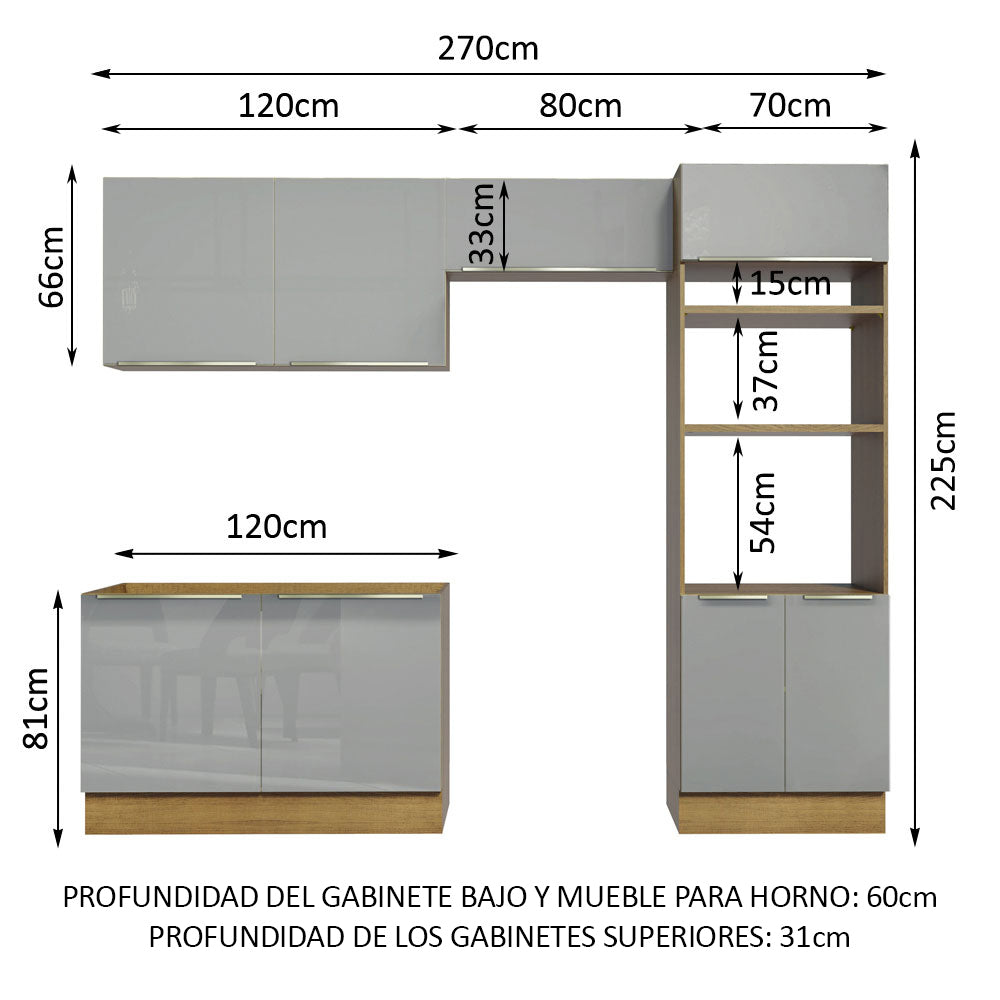 Cocina Integral 270 x 60 cm Con Mueble para Horno Marrón/Gris Lux Madesa