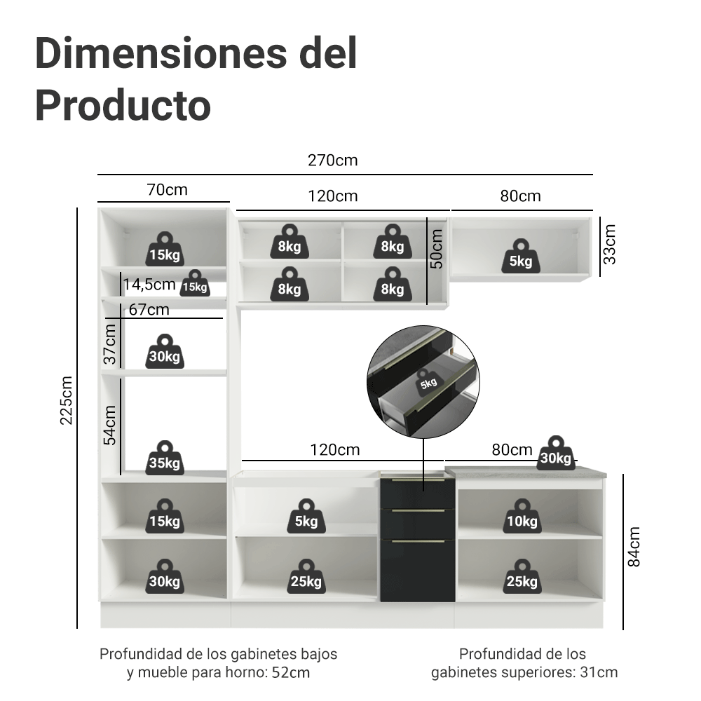 Cocina Integral 270 cm Blanco/Negro Lux Madesa 05
