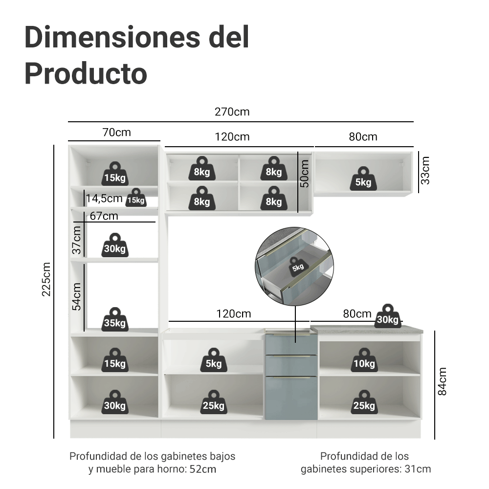 Cocina Integral 270 cm Blanco/Gris Lux Madesa 05