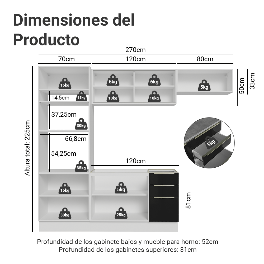 Cocina Integral 270 cm Blanco/Negro Lux Madesa 07