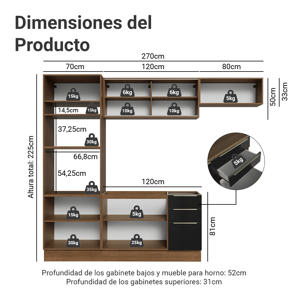 Cocina Integral 270 cm Marrón/Negro Lux Madesa 07