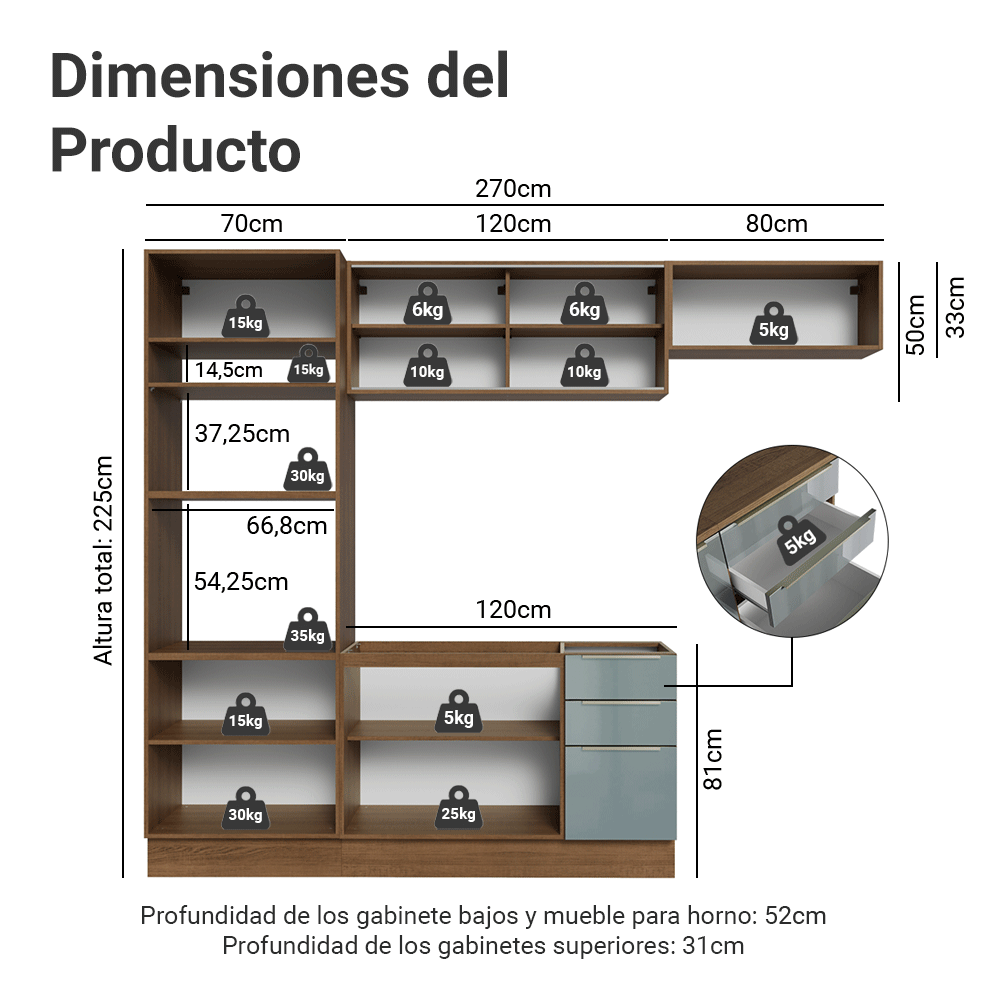 Cocina Integral 270 cm Marrón/Gris Lux Madesa 07