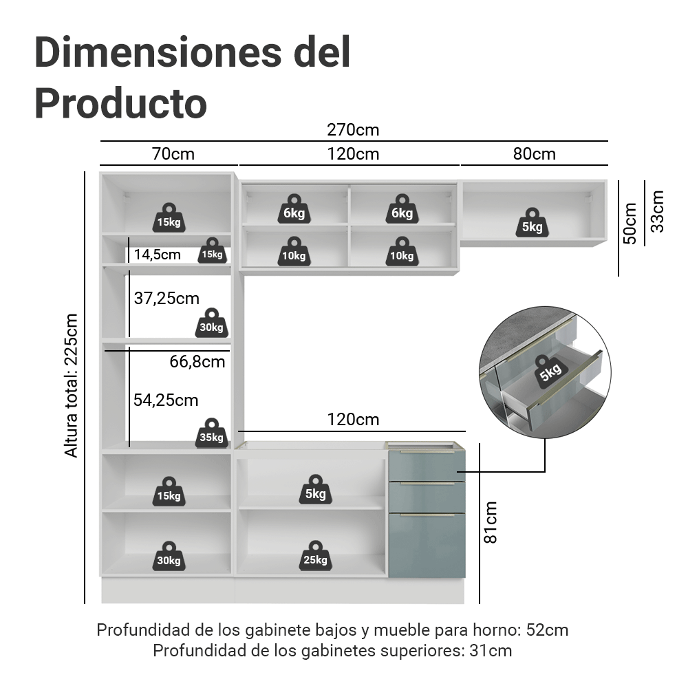 Cocina Integral 270 cm Blanco/Gris Lux Madesa 07