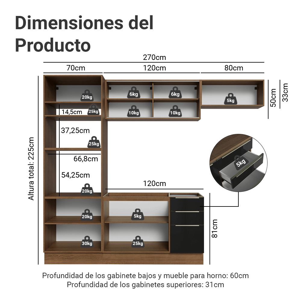 Cocina Integrale 270 x 60 cm Marrón/Negro Lux Madesa 08