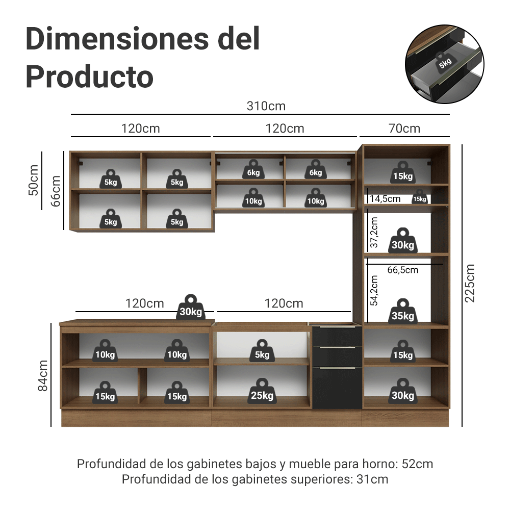 Cocina Integral 310 cm Marrón/Negro Lux Madesa 03