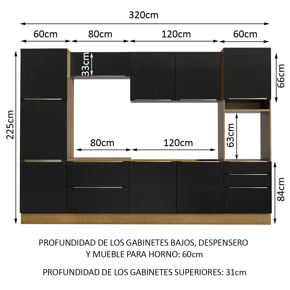 Cocina Integral 320 x 60 cm 9 Puertas 5 Cajones Con Mueble para Horno Marrón/Negro Lux Madesa 03