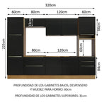 Cocina Integral 320 x 60 cm 9 Puertas 5 Cajones Con Mueble para Horno Marrón/Negro Lux Madesa 03