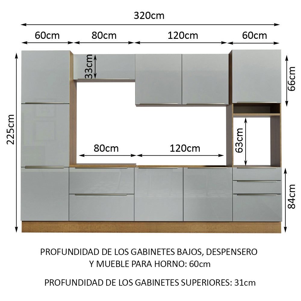 Cocina Integral 320 x 60 cm 9 Puertas 5 Cajones Con Mueble para Horno Marrón/Gris Lux Madesa 03