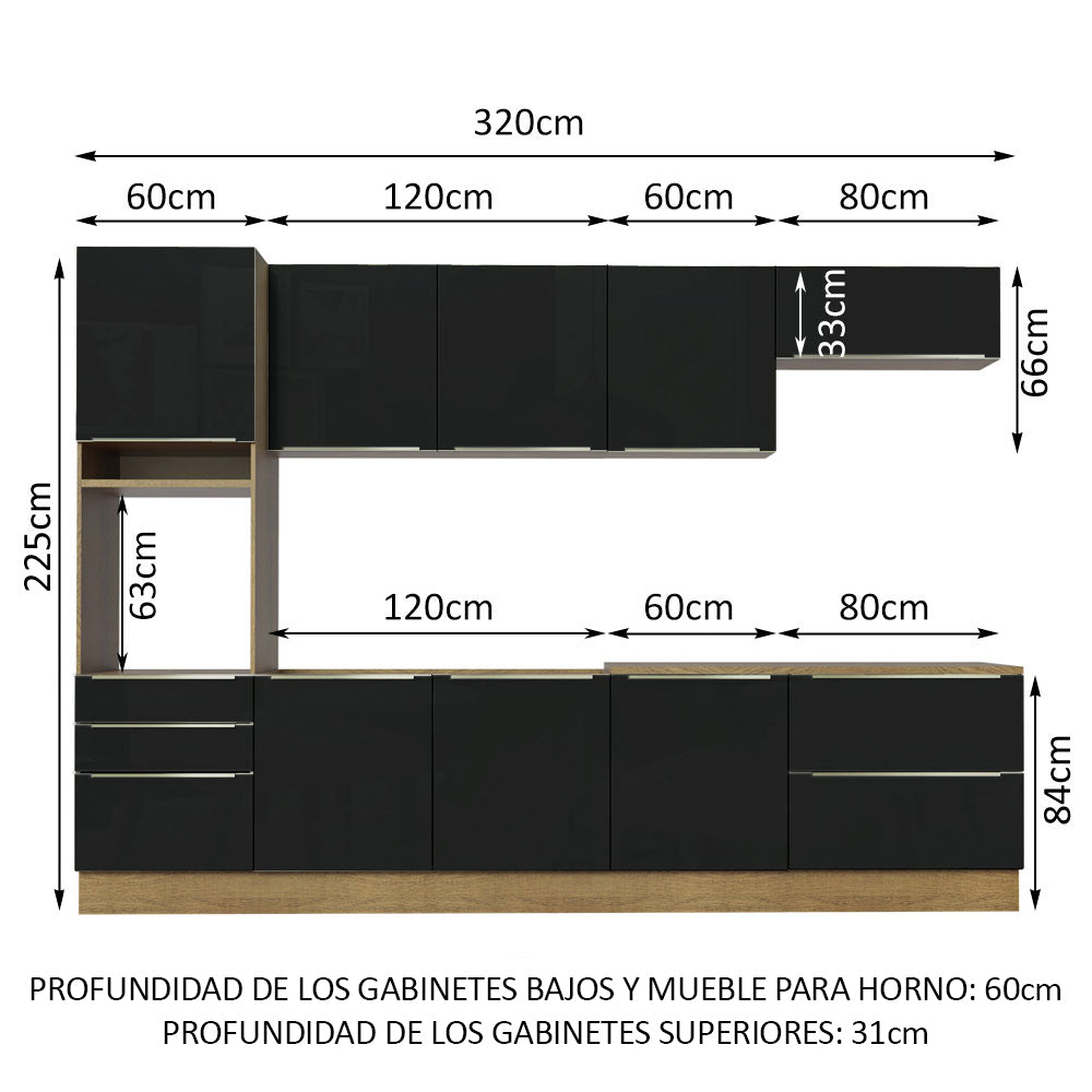 Cocina Integral 320 x 60 cm 8 Puertas 5 Cajones Con Mueble para Horno Marrón/Negro Lux Madesa