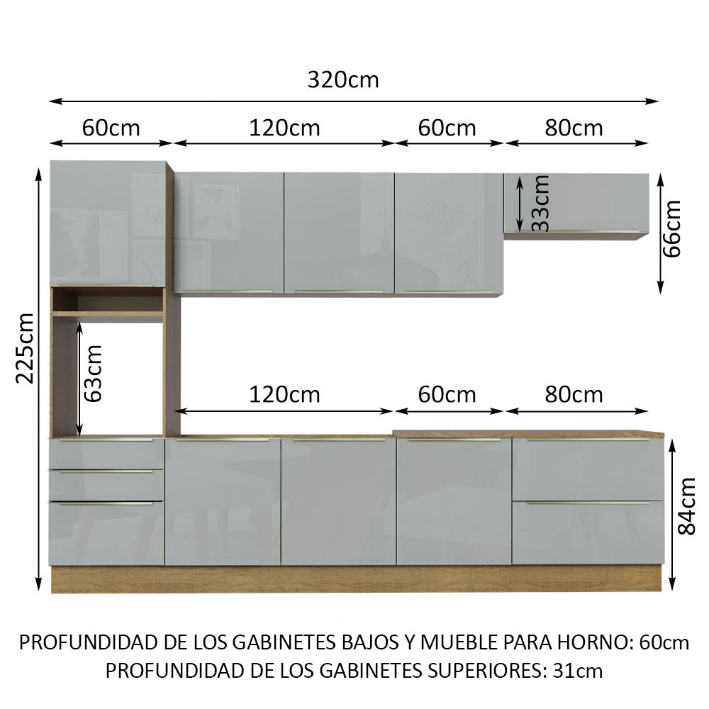 Cocina Integral 320 x 60 cm 8 Puertas 5 Cajones Con Mueble para Horno Marrón/Gris Lux Madesa