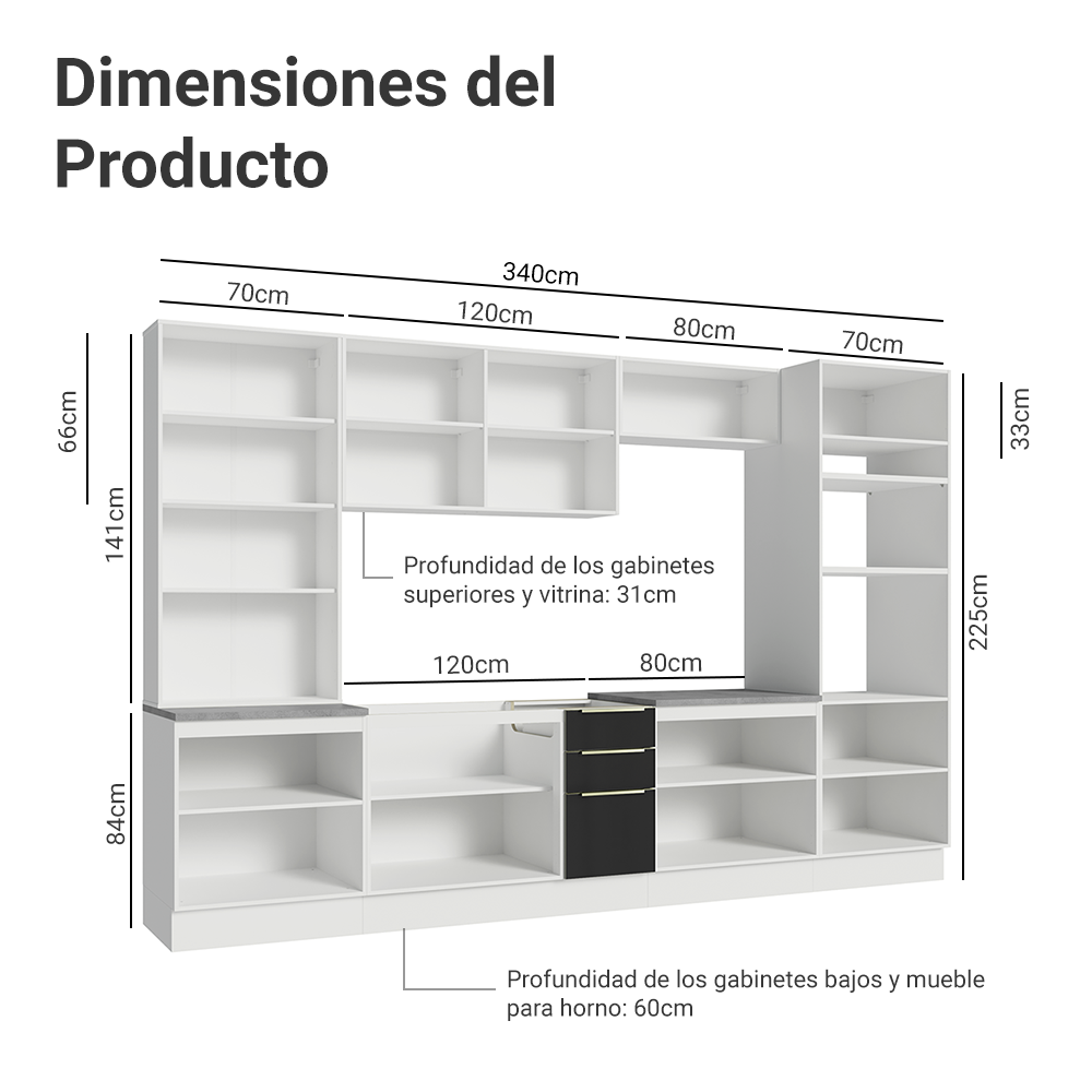 Cocina Integral 340cm Blanco/Negro Lux 02