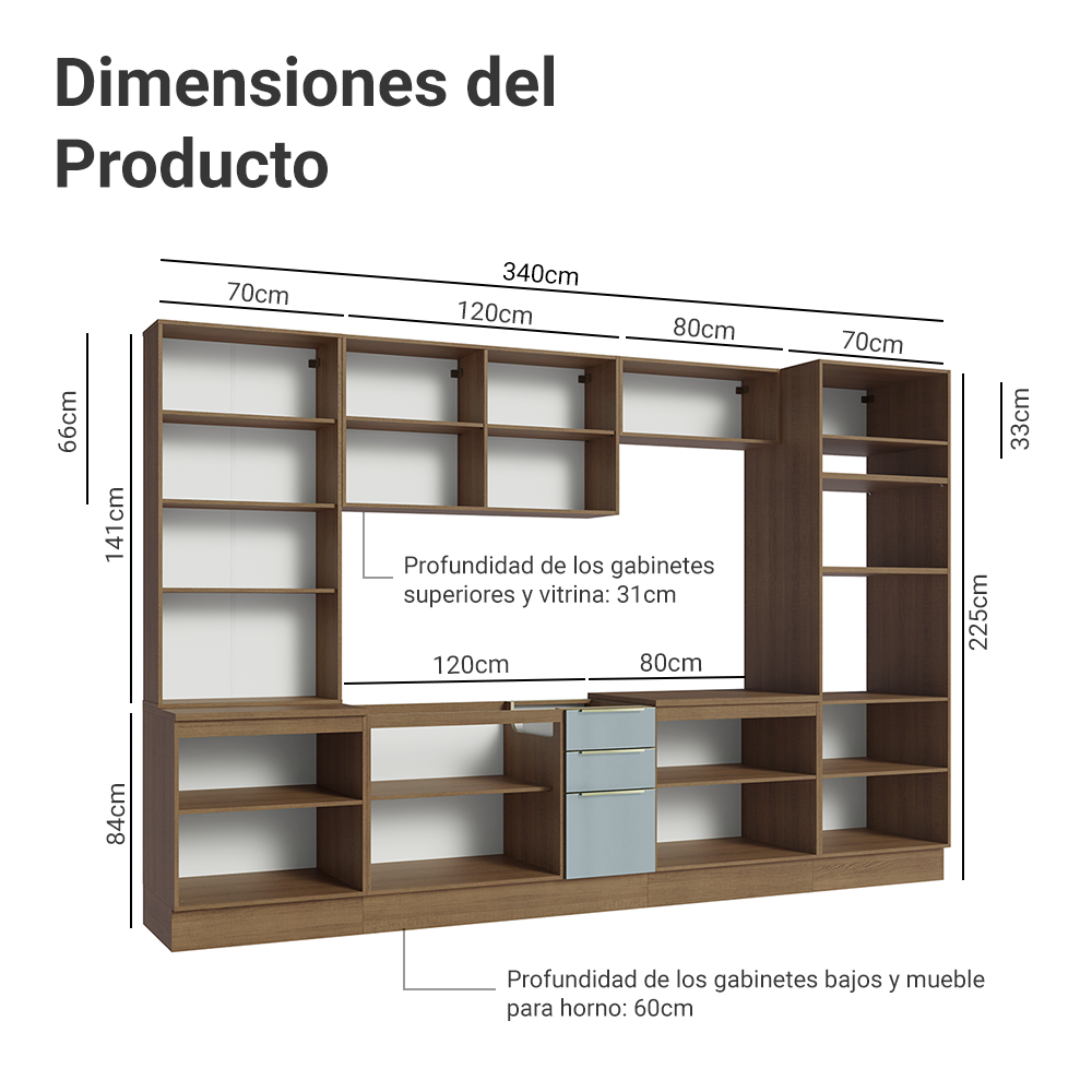 Cocina Integral 340 x 60 cm 14 Puertas 3 Cajones Con Vitrina Marrón/Gris Lux Madesa 02
