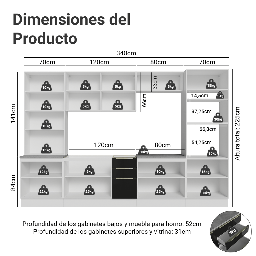 Cocina Integral 340 cm Blanco/Negro Lux Madesa 03