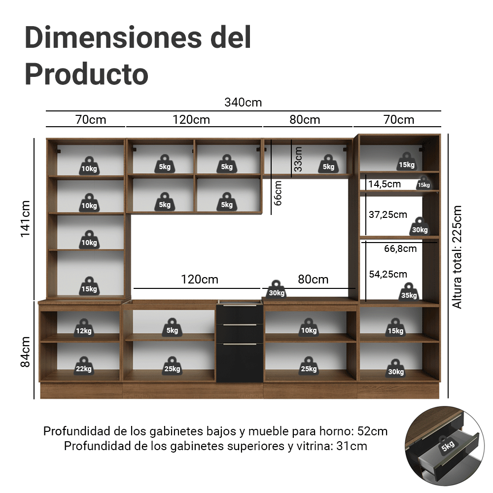 Cocina Integral 340 cm Marrón/Negro Lux Madesa 03