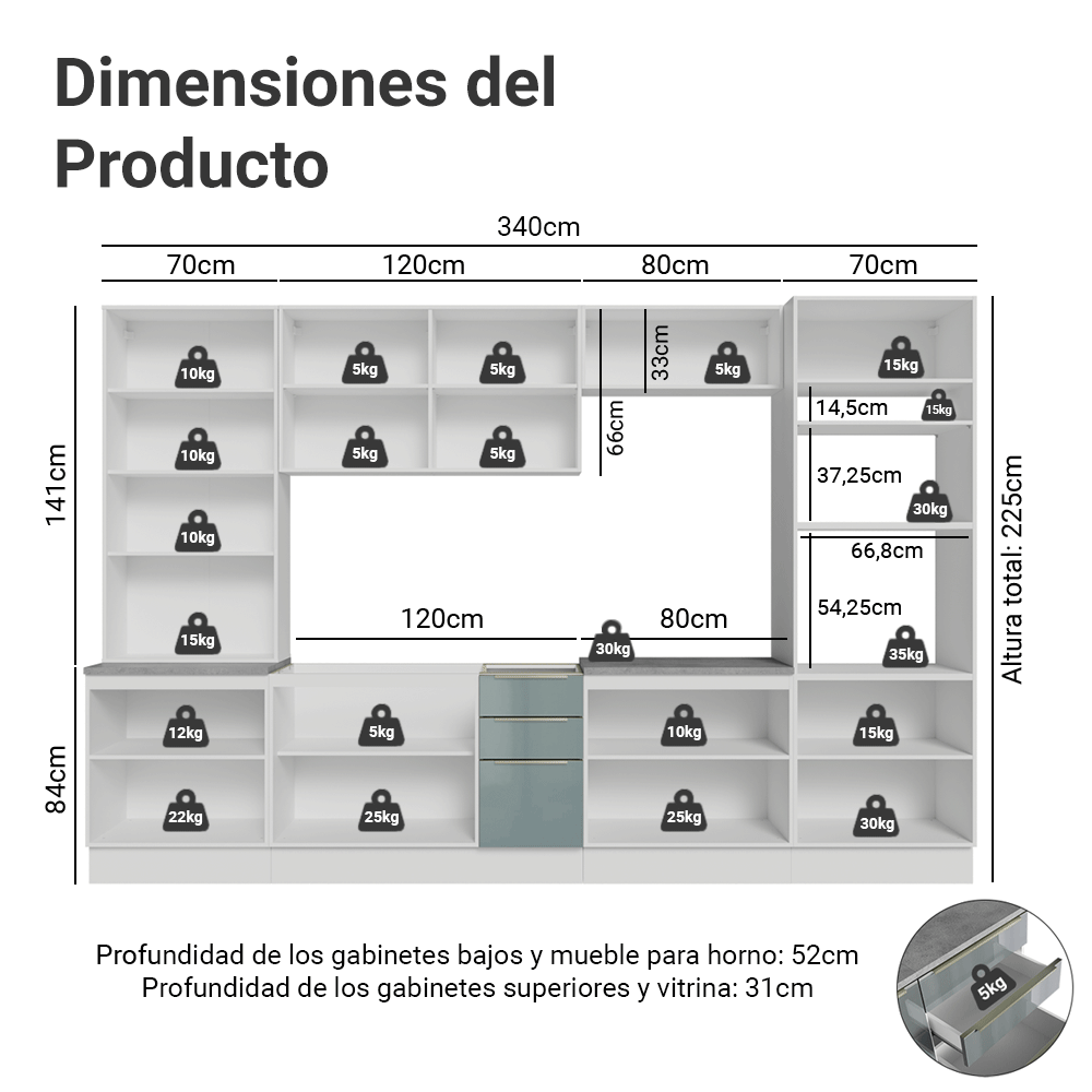 Cocina Integral 340 cm Blanco/Gris Lux Madesa 03