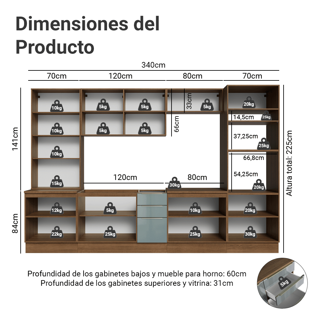 Cocina Integrale 340 x 60 cm Marrón/Gris Lux Madesa 04