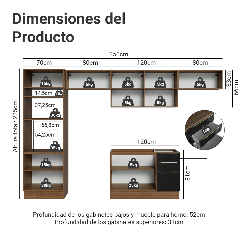 Cocina Integral 350 cm Marrón/Negro Lux Madesa 01