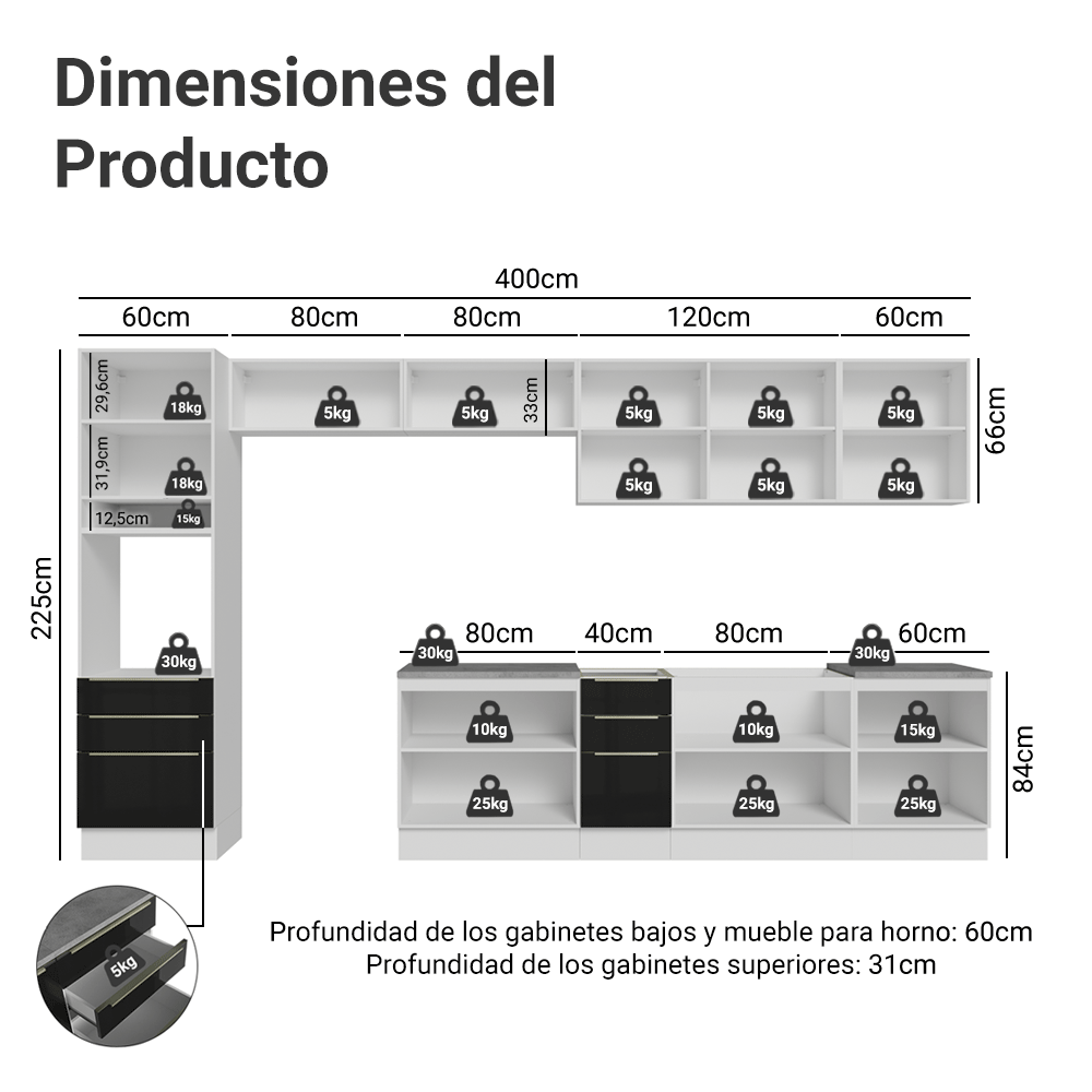 Cocina Integral 400cm Lux Blanco/Negro 01