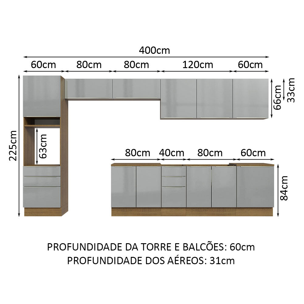 Cocina Integral 400cm Marrón/Gris Lux de Thauane Madesa