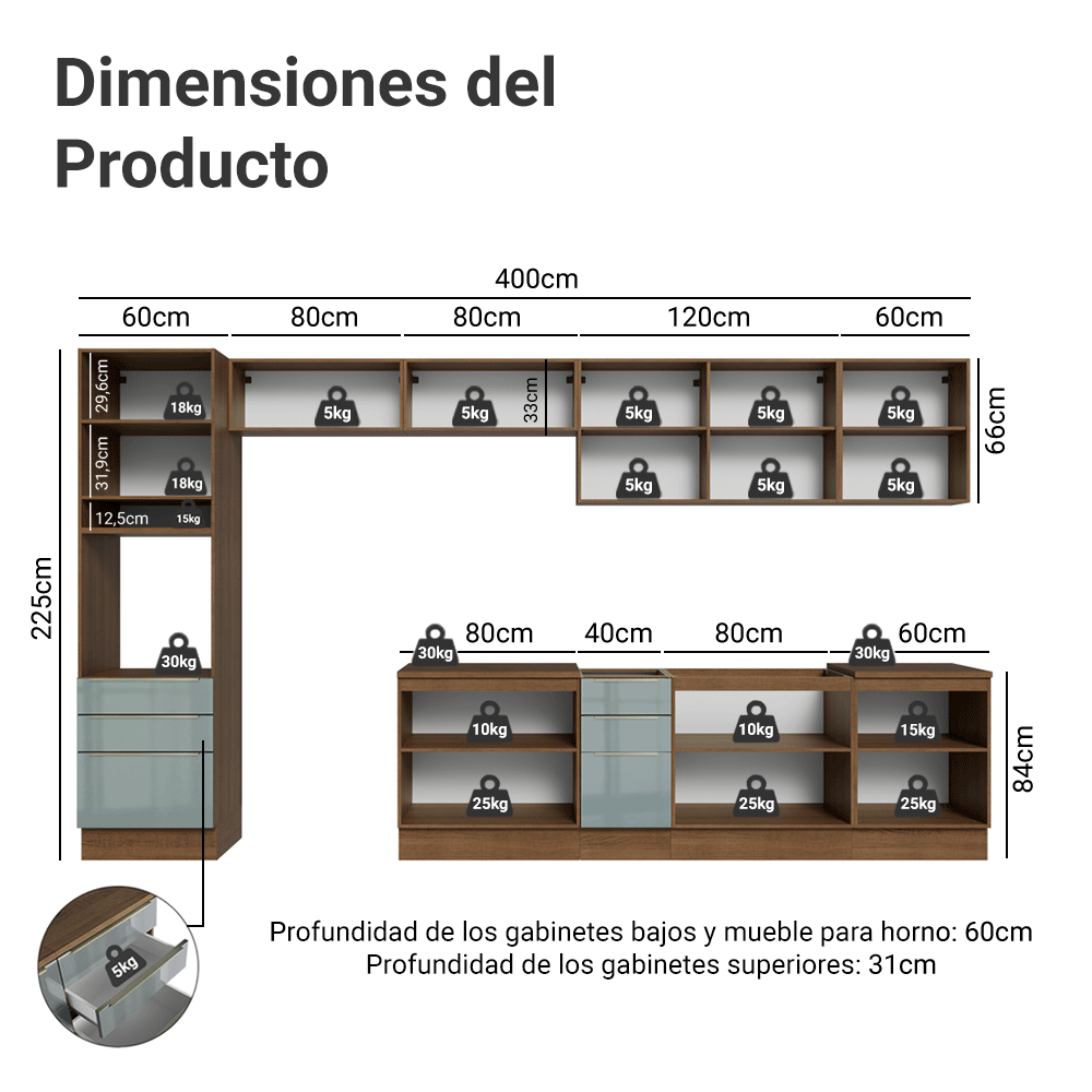 Cocina Integral 400 cm de Con Mueble para Horno Marrón/Gris Lux Madesa