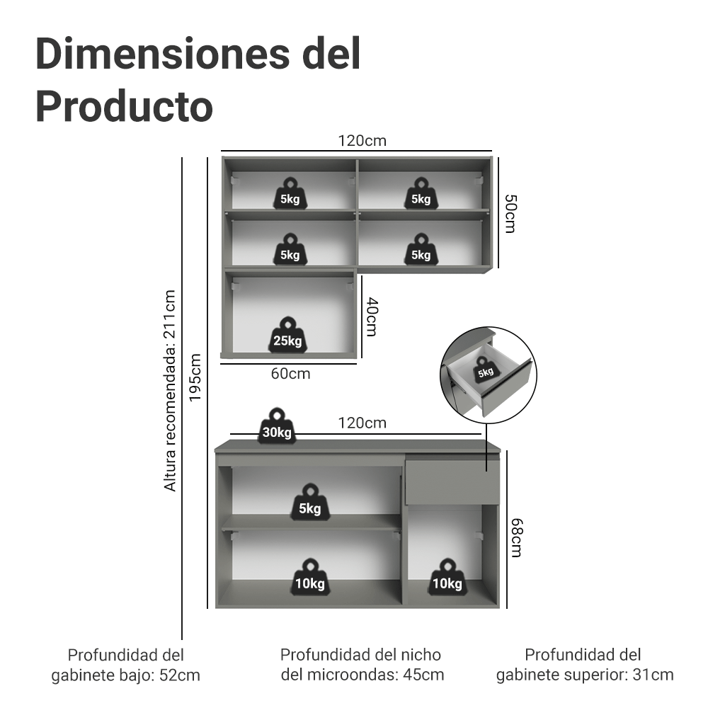 Cocina Compacta 120 cm Sin Patas Nice Gris 06