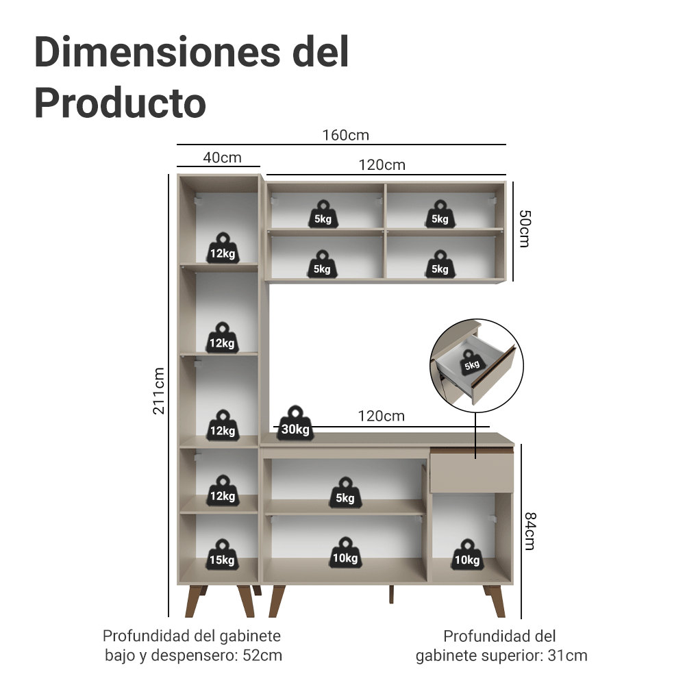 Cocina Compacta 160 cm Crema Nice Madesa 01