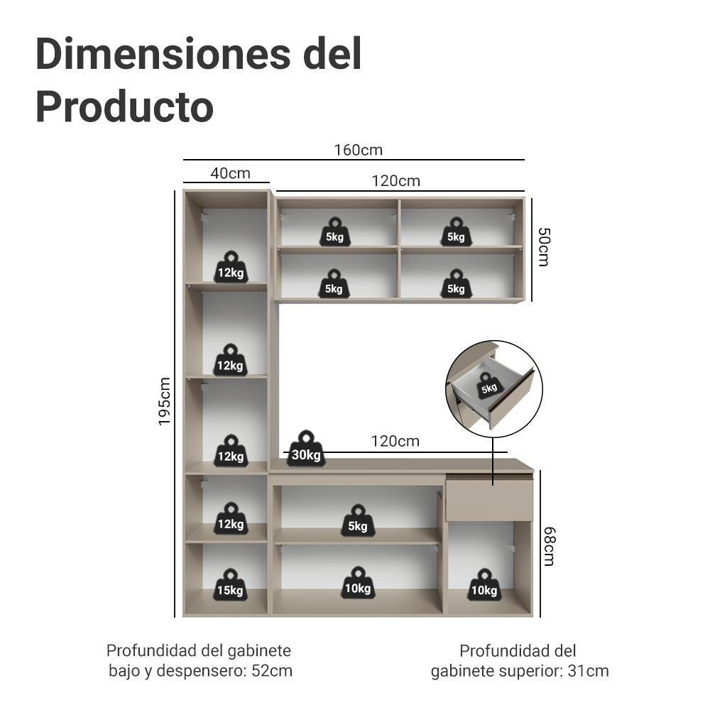 Cocina Integral 160 cm sin Patas Crema Nice 02