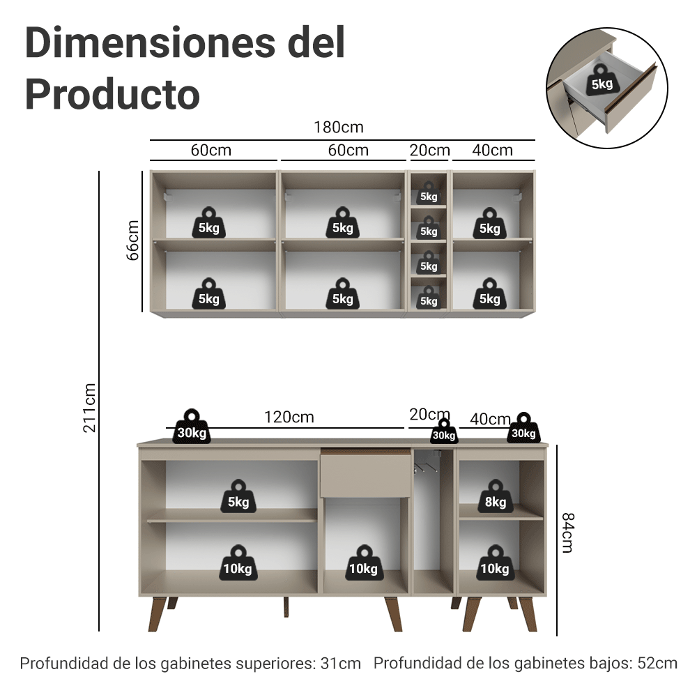Cocina Compacta 180 cm Crema Nice Madesa 01