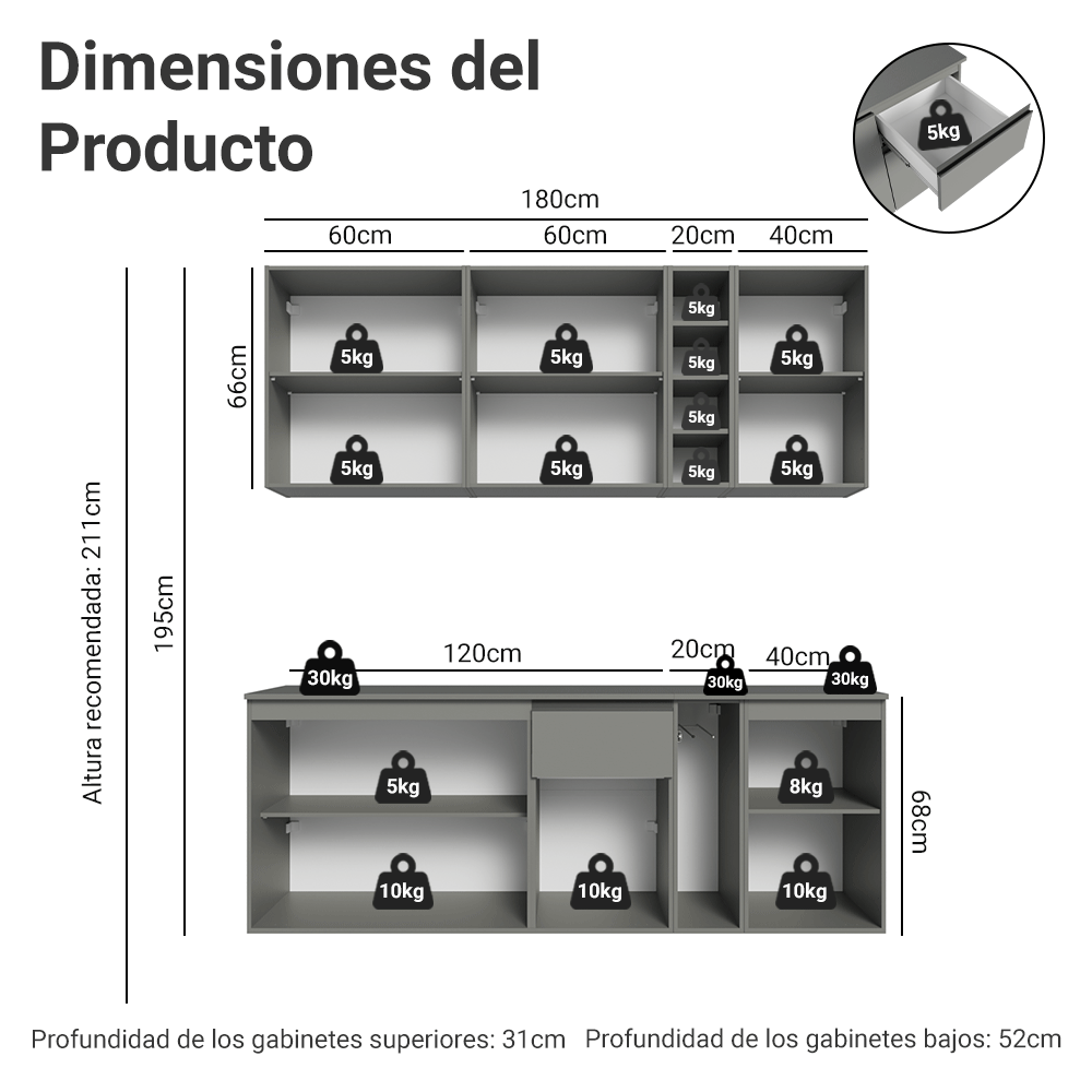 Cocina Compacta 180 cm Suspendida Gris Nice Madesa 04