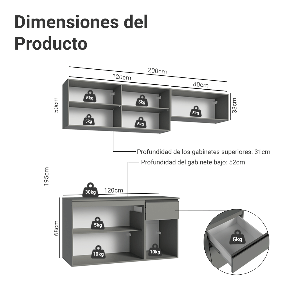 Cocina Compacta Flotante 200 x 52 cm 6 Puertas 1 Cajón Gris Nice Madesa