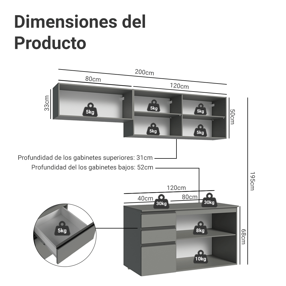 Cocina Compacta 200 cm Sin Patas Nice Gris 05