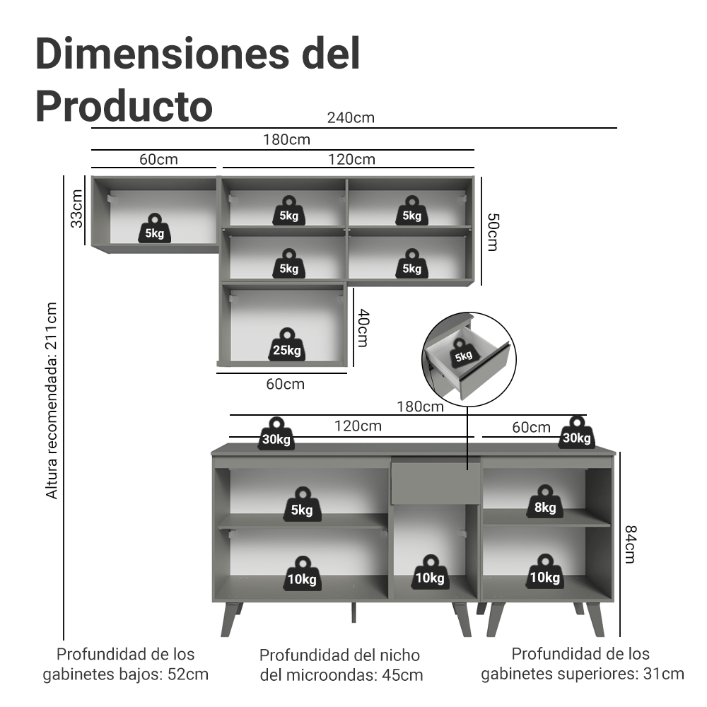 Cocina Integrale 240 cm Gris Nice Madesa 06