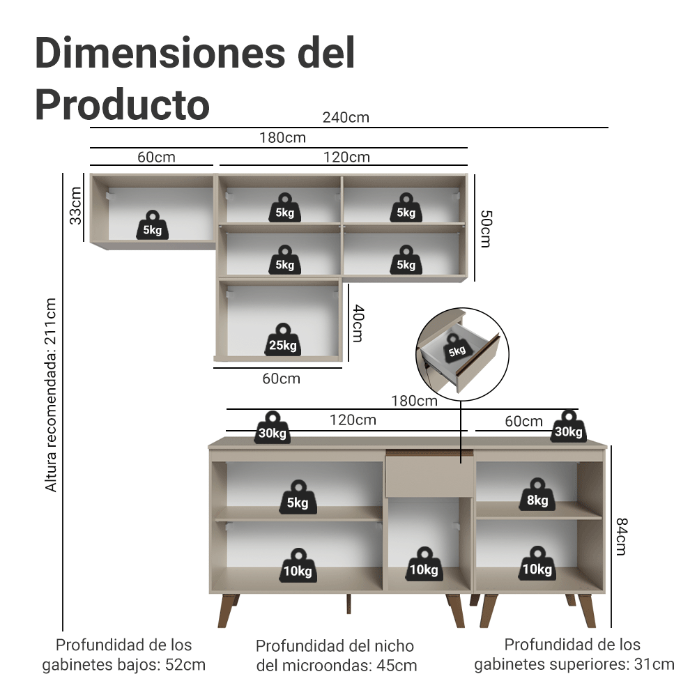 Cocina Integrale 240 cm Crema Nice Madesa 06