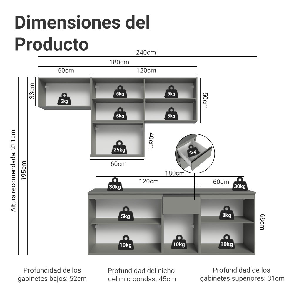 Cocina Integral 240 cm Sin Patas Nice Gris 07