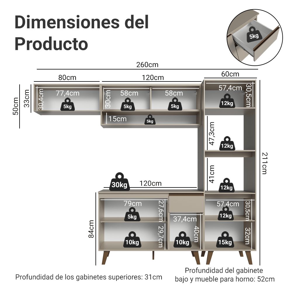 Cocina Integral 260 cm Crema Nice Madesa 04