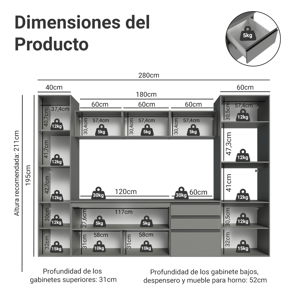 Cocina Integrale 280cm Suspendida Gris Nice Madesa 06