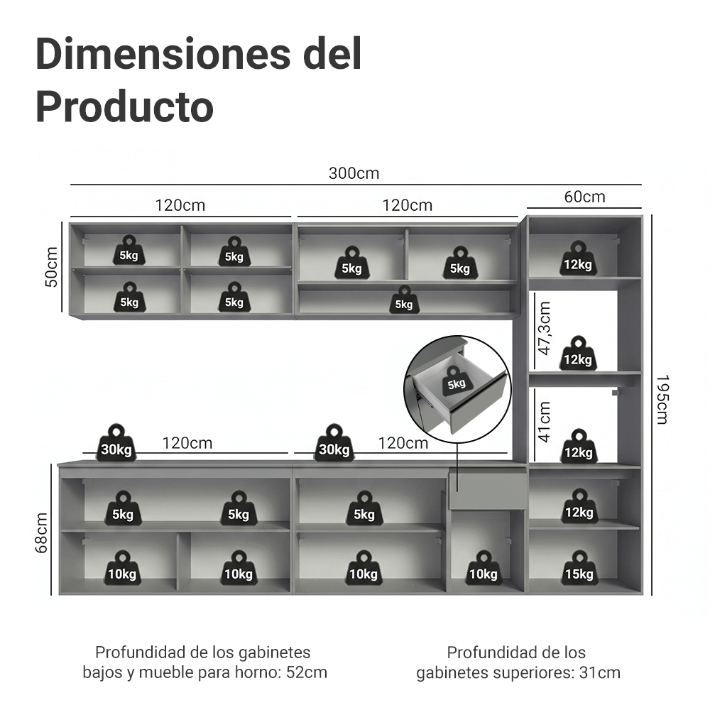 Cocina Integral 300 cm sin Patas Gris Nice 04